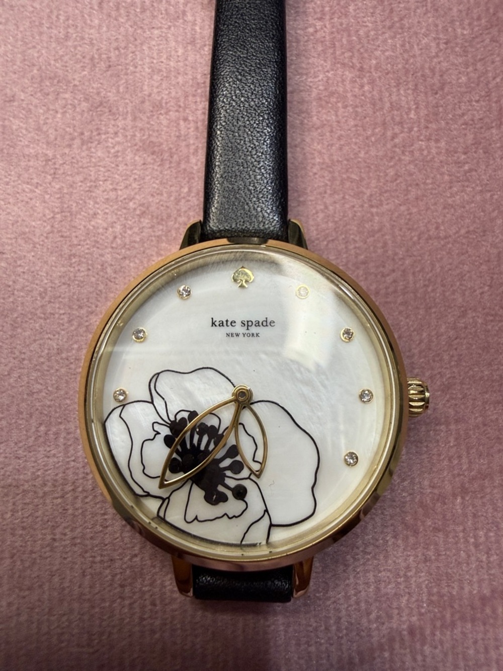kate spade Gold-Tone Floral Dial Watch with Black Strap
